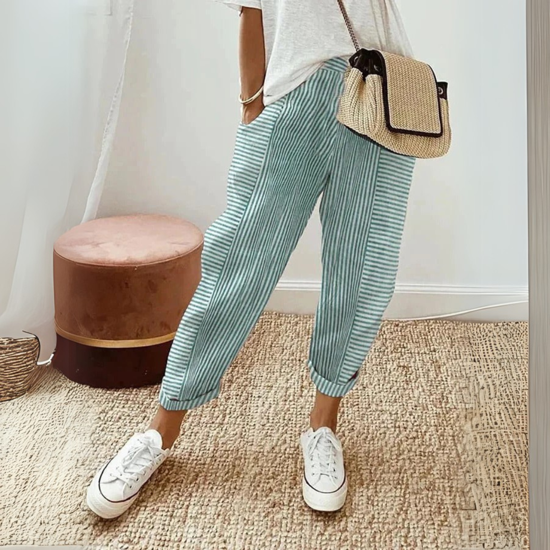 Luxe Comfort Women's Pants | High Waist, Stripe Design, Breathable Polyester 2