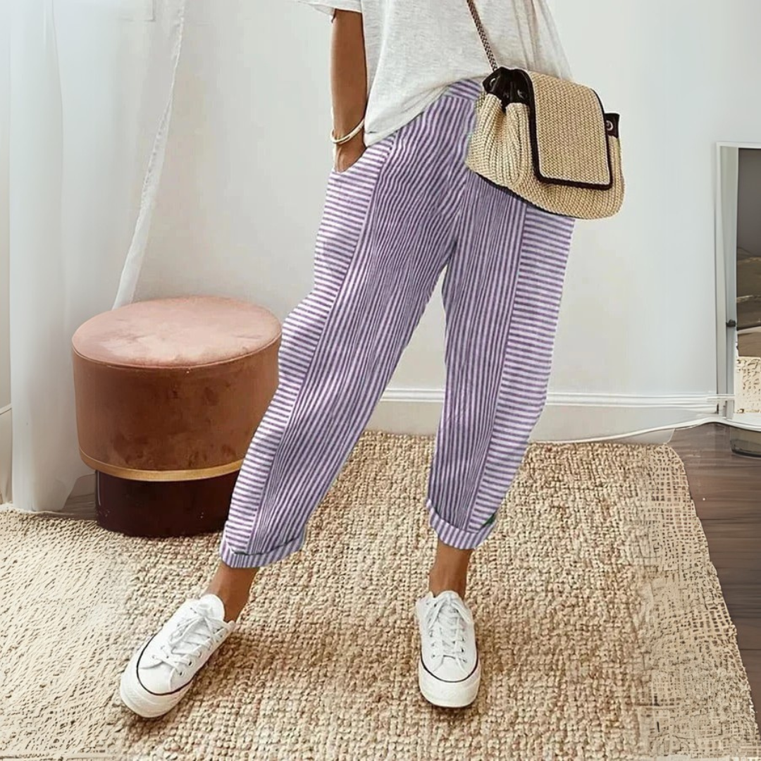 Luxe Comfort Women's Pants | High Waist, Stripe Design, Breathable Polyester 4