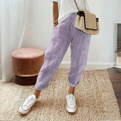 Luxe Comfort Women's Pants | High Waist, Stripe Design, Breathable Polyester 4