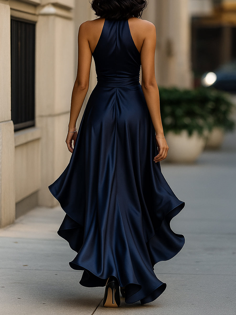 Mira Evening Gown | Halter Neck, Ruffle Design in Deep Navy Satin 1