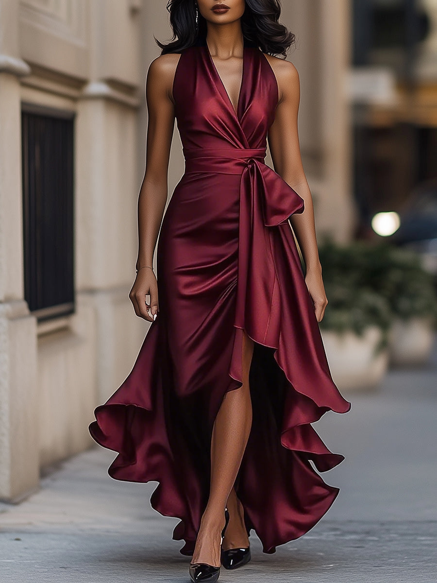 Mira Evening Gown | Halter Neck, Ruffle Design in Deep Navy Satin 6