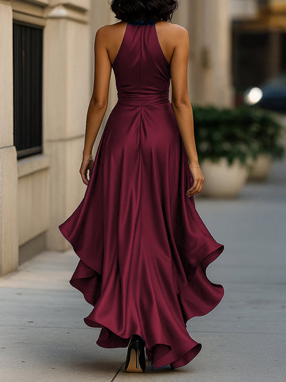 Mira Evening Gown | Halter Neck, Ruffle Design in Deep Navy Satin 7
