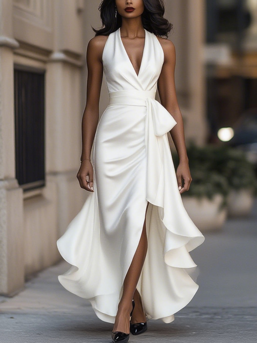 Mira Evening Gown | Halter Neck, Ruffle Design in Deep Navy Satin 8