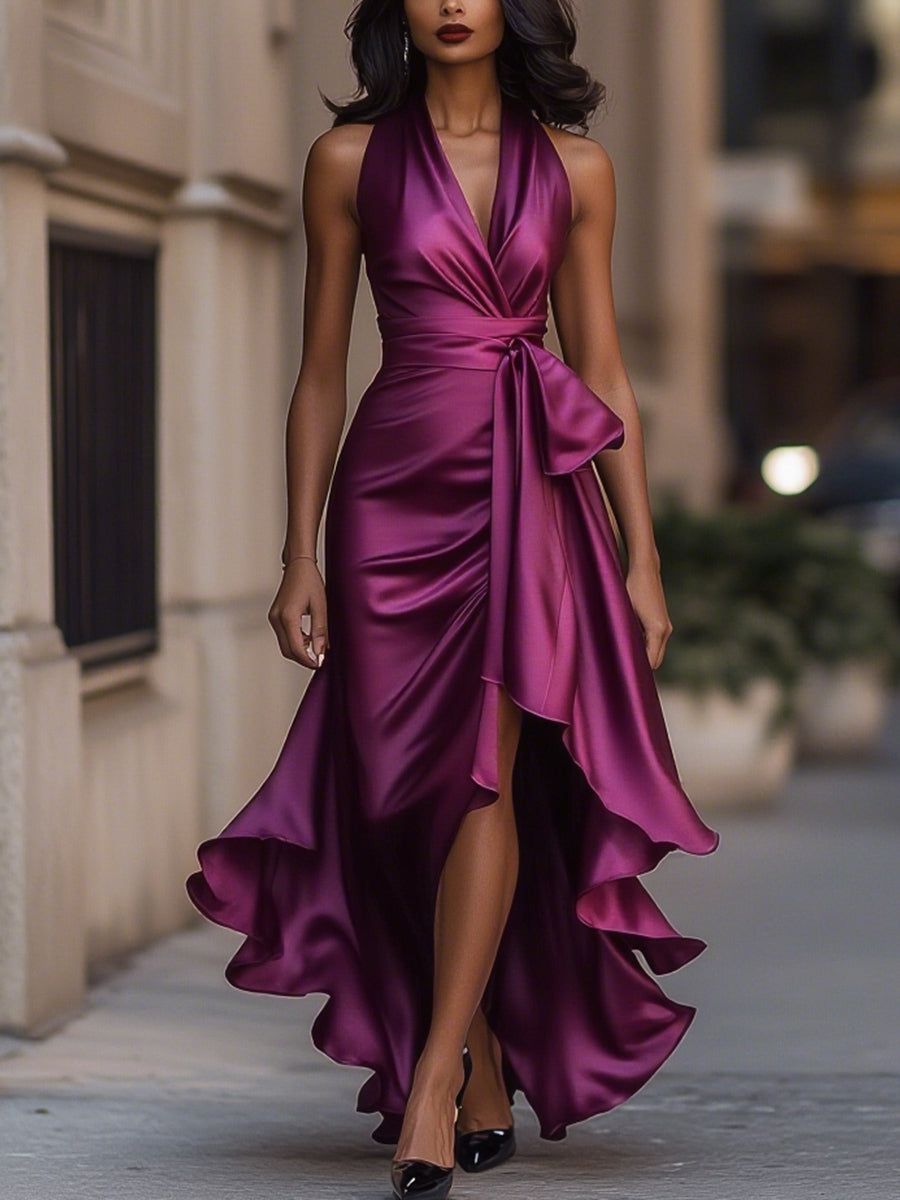 Mira Evening Gown | Halter Neck, Ruffle Design in Deep Navy Satin 9