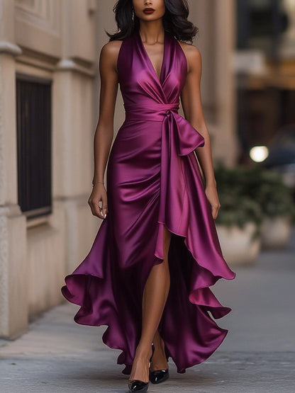 Mira Evening Gown | Halter Neck, Ruffle Design in Deep Navy Satin 9