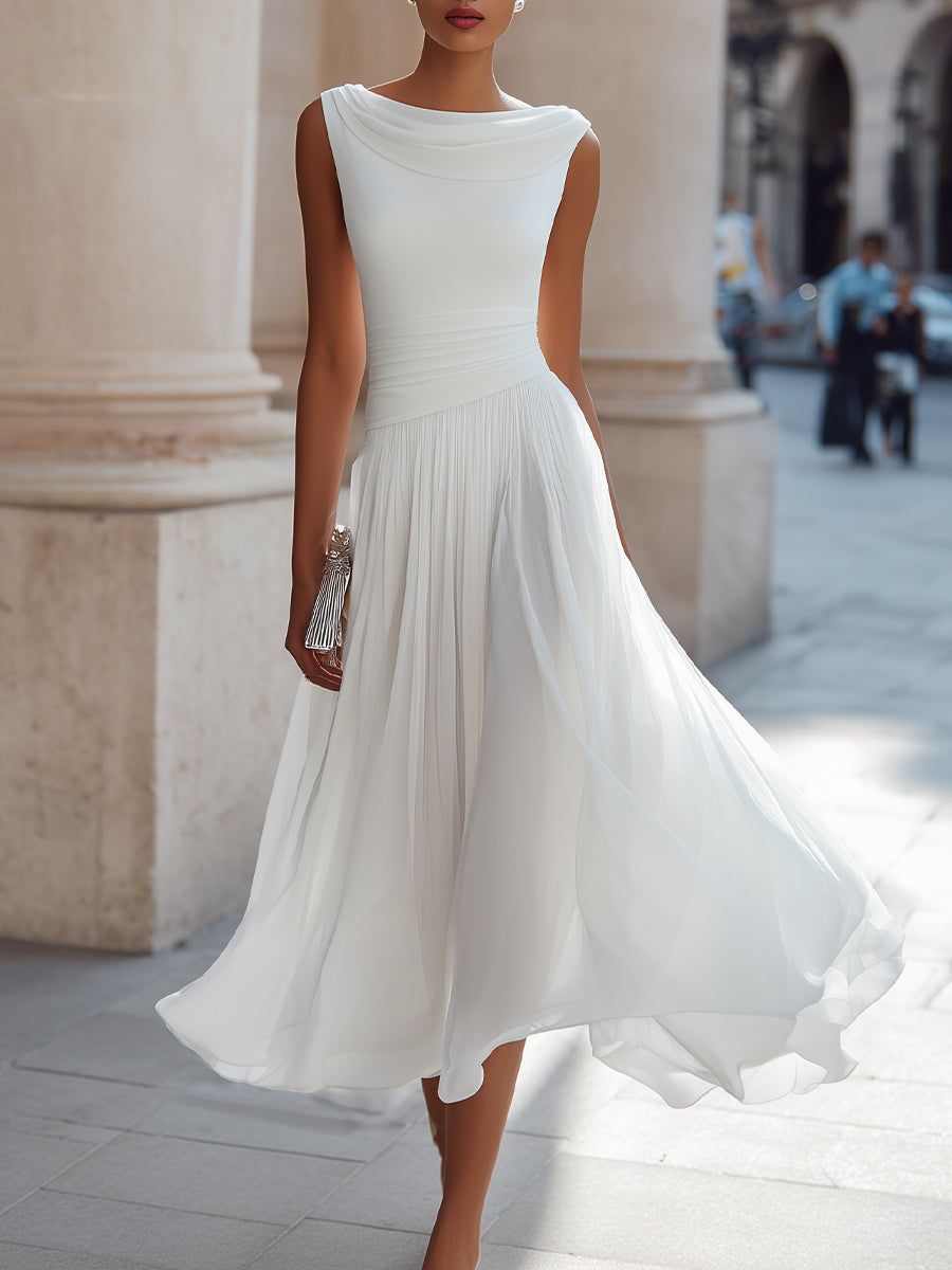 Mira Midi Dress | Draped Neck, Pleated Skirt for Women's Formal & Cocktail Events 0