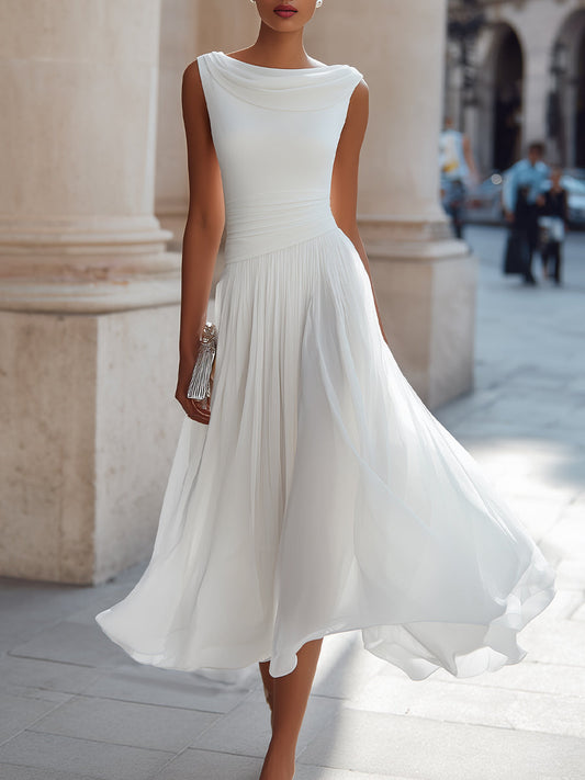 Mira Midi Dress | Draped Neck, Pleated Skirt for Women's Formal & Cocktail Events 0