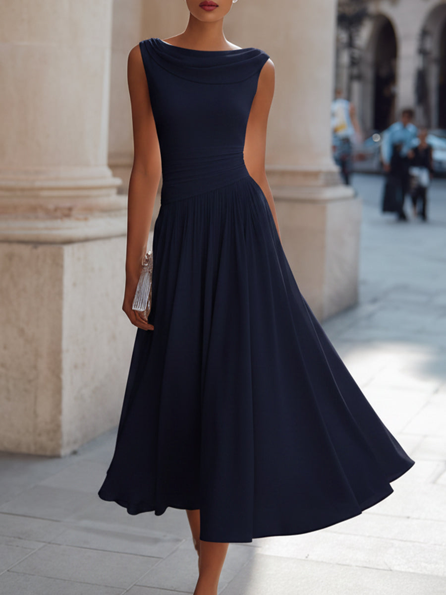 Mira Midi Dress | Draped Neck, Pleated Skirt for Women's Formal & Cocktail Events 1