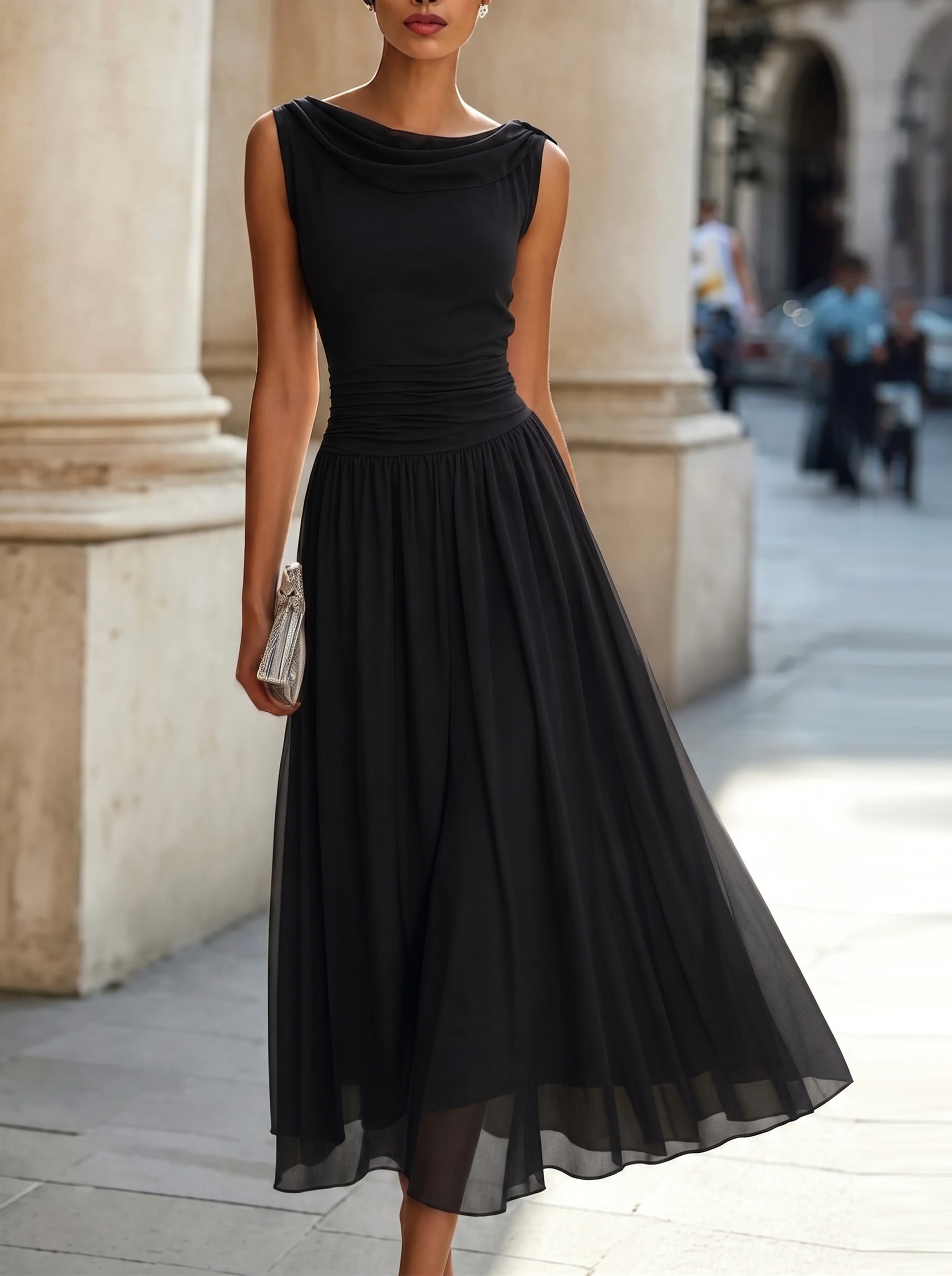 Mira Midi Dress | Draped Neck, Pleated Skirt for Women's Formal & Cocktail Events 10