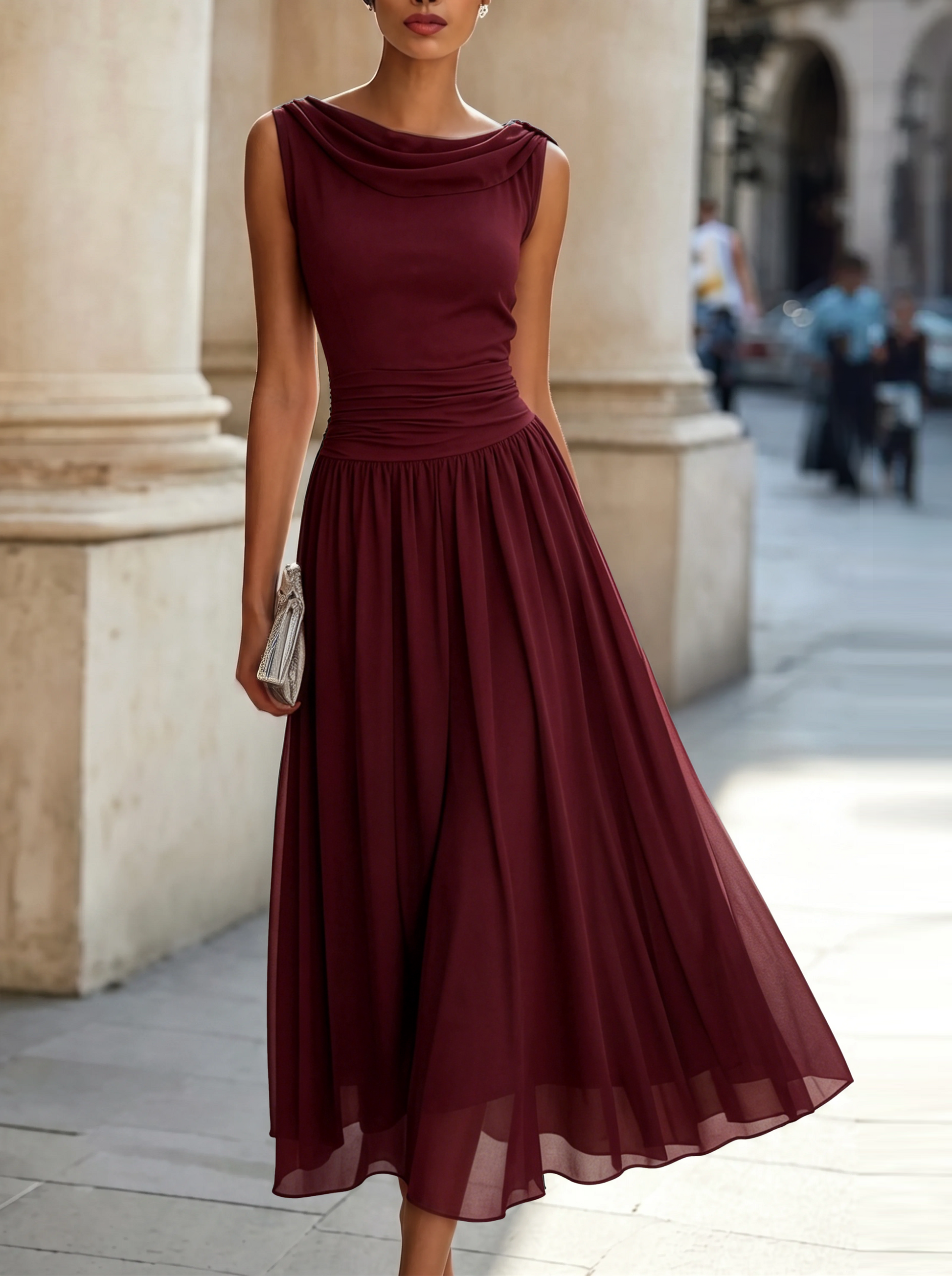 Mira Midi Dress | Draped Neck, Pleated Skirt for Women's Formal & Cocktail Events 11