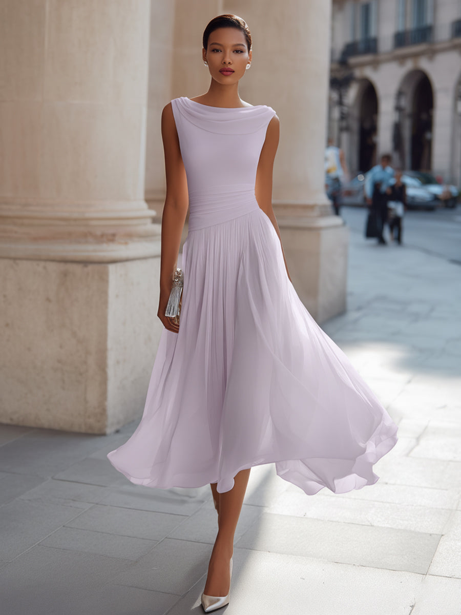 Mira Midi Dress | Draped Neck, Pleated Skirt for Women's Formal & Cocktail Events 12