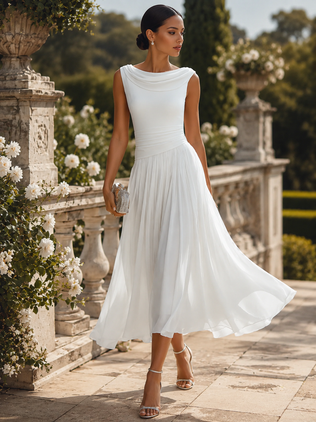 Mira Midi Dress | Draped Neck, Pleated Skirt for Women's Formal & Cocktail Events 3