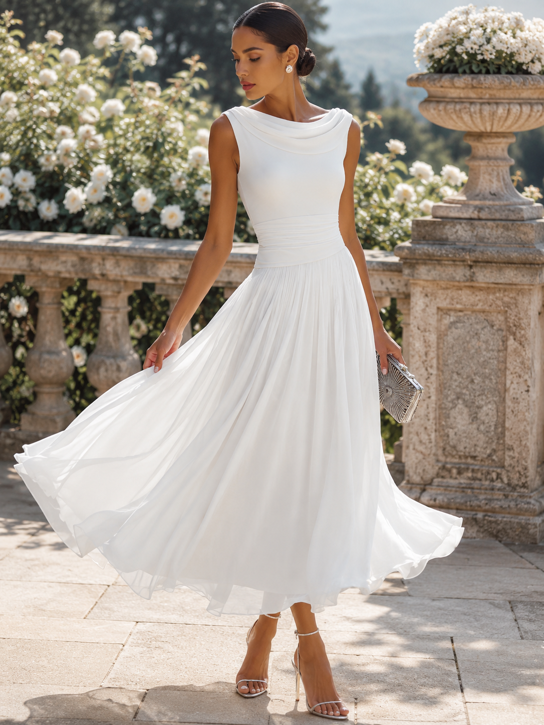 Mira Midi Dress | Draped Neck, Pleated Skirt for Women's Formal & Cocktail Events 4