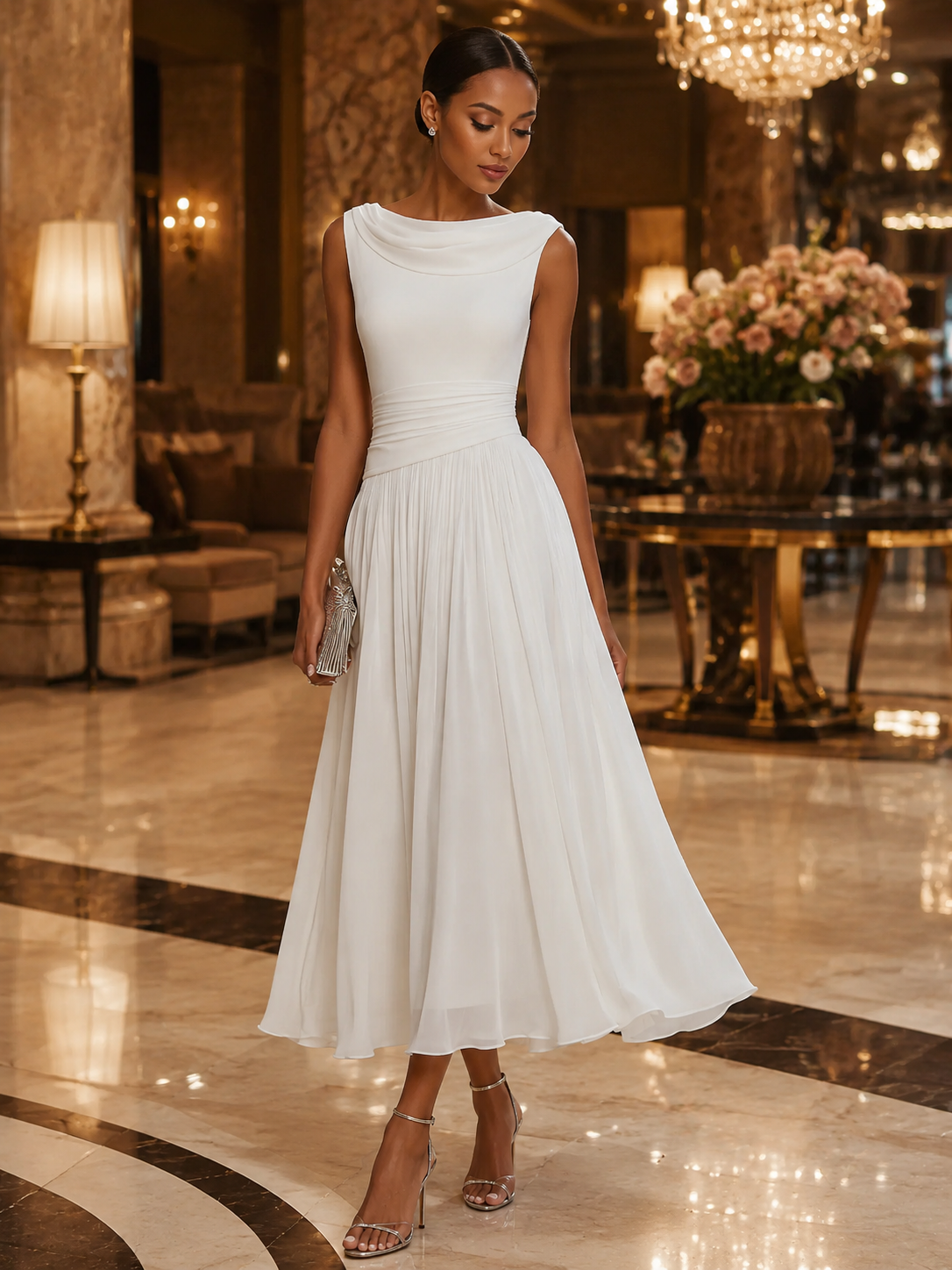 Mira Midi Dress | Draped Neck, Pleated Skirt for Women's Formal & Cocktail Events 6