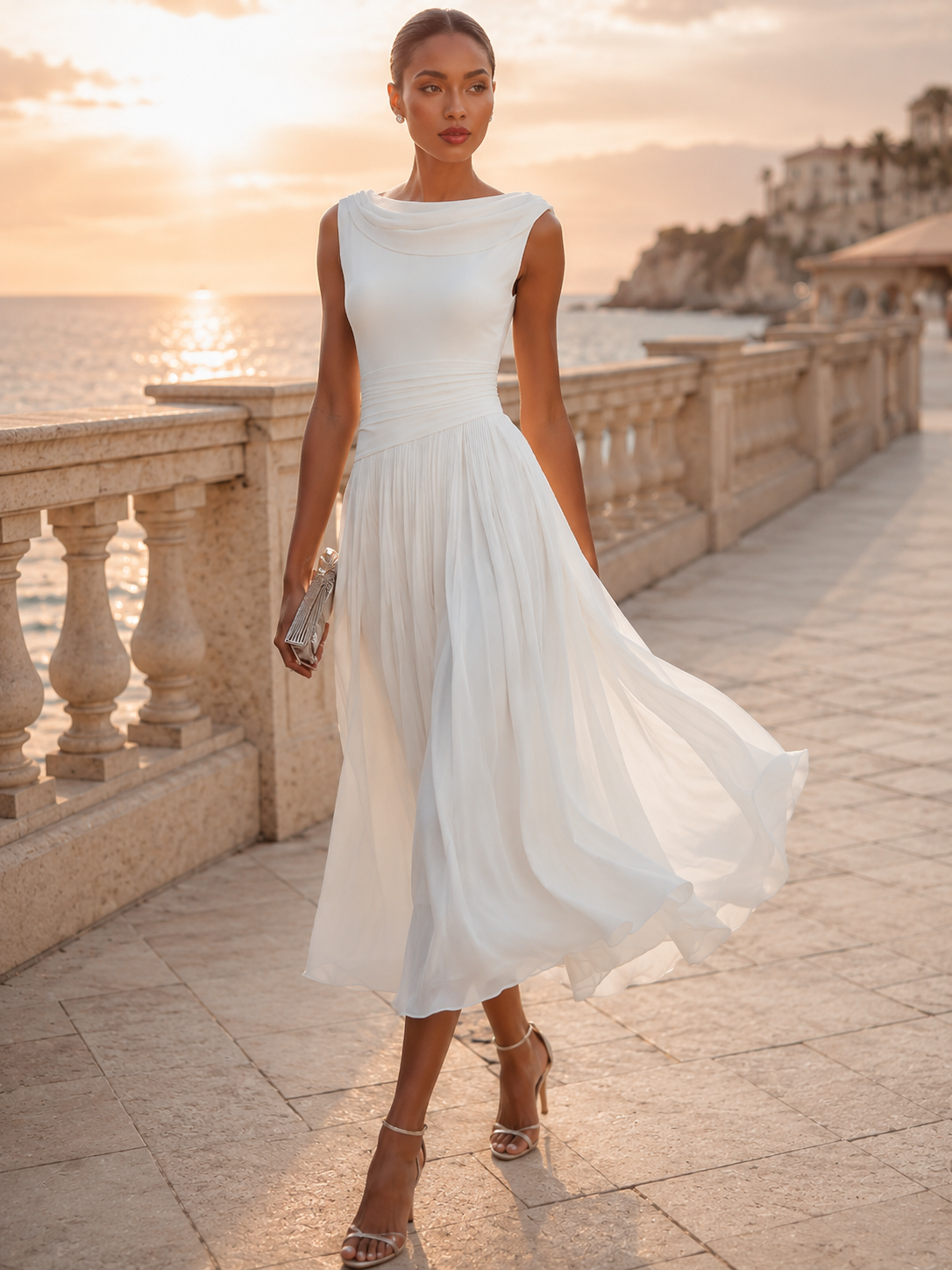 Mira Midi Dress | Draped Neck, Pleated Skirt for Women's Formal & Cocktail Events 7