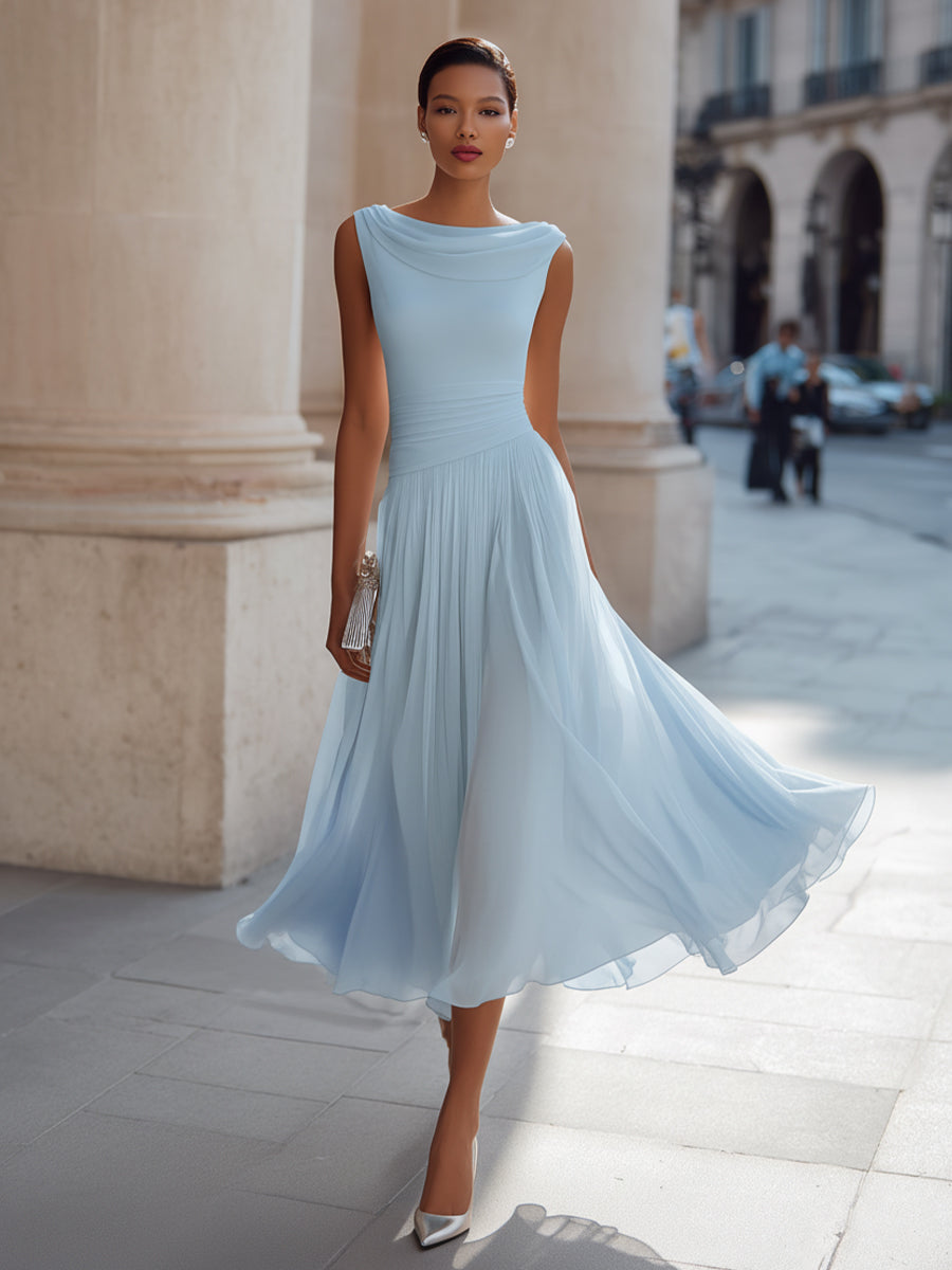 Mira Midi Dress | Draped Neck, Pleated Skirt for Women's Formal & Cocktail Events 8