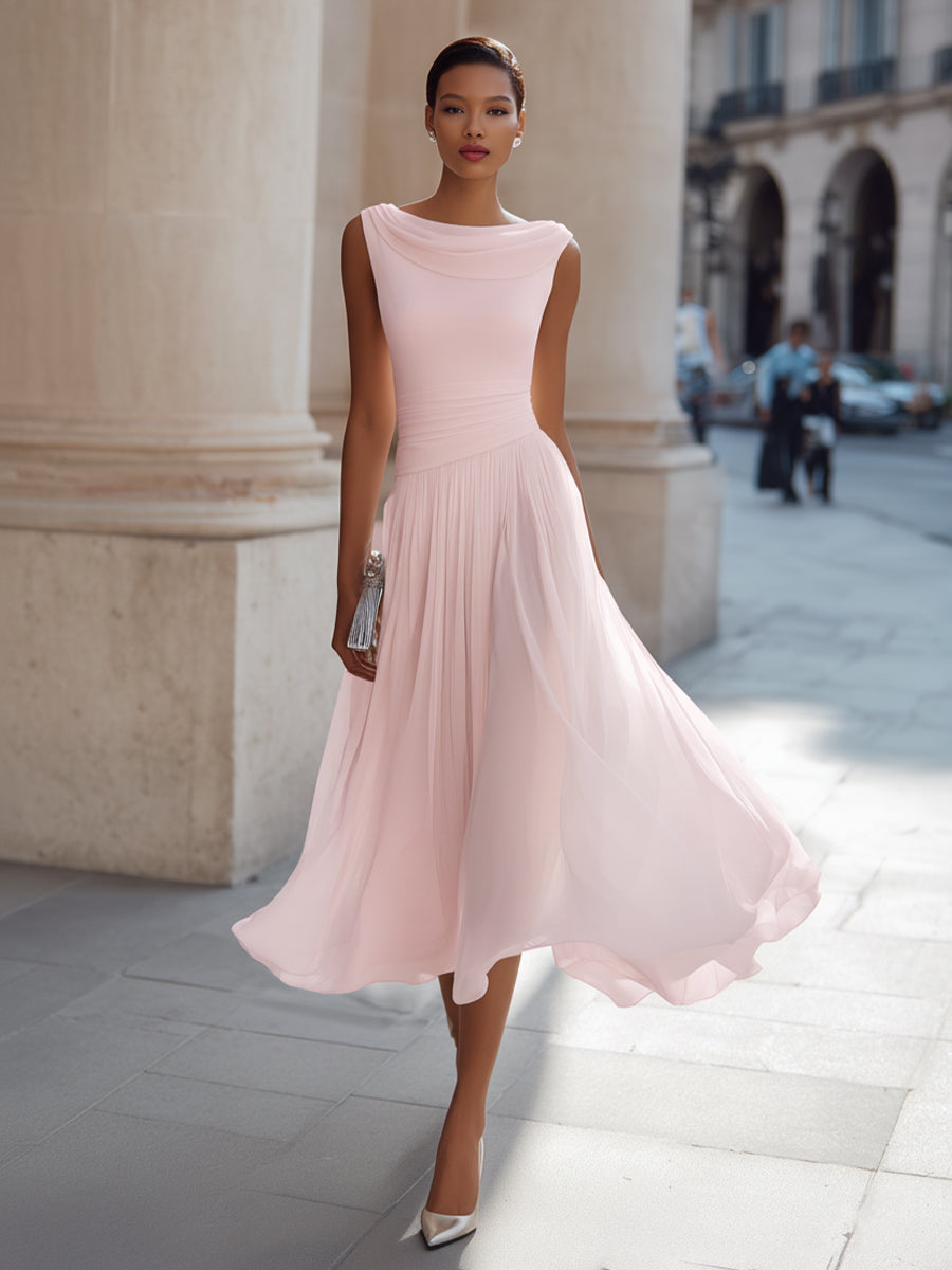Mira Midi Dress | Draped Neck, Pleated Skirt for Women's Formal & Cocktail Events 9
