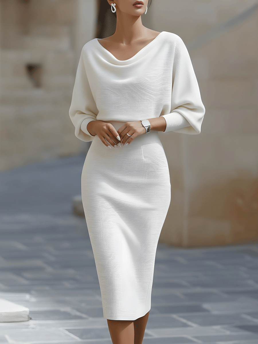 Mira Midi Dress | White Draped Cowl Neck, Batwing Sleeves, Formal 0