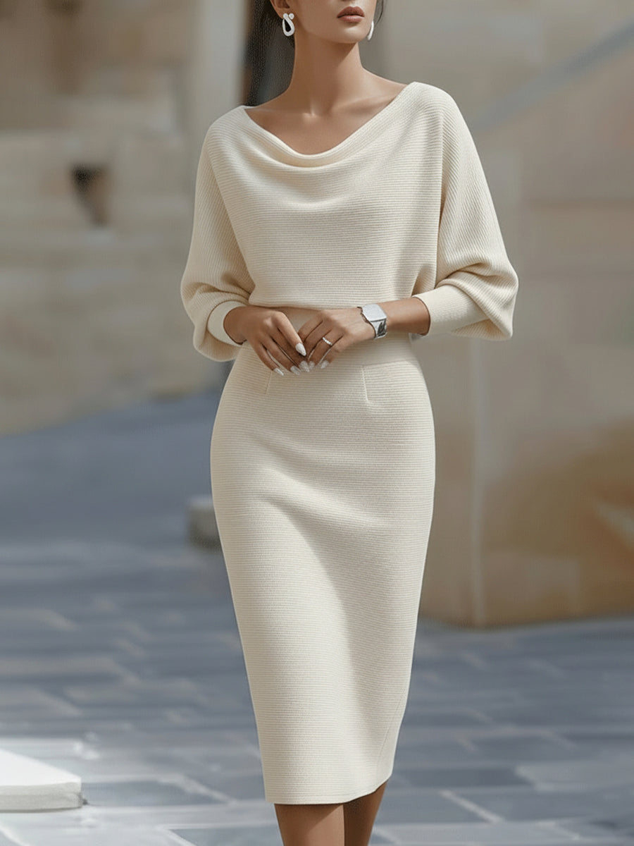 Mira Midi Dress | White Draped Cowl Neck, Batwing Sleeves, Formal 1