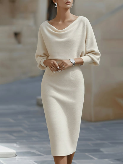 Mira Midi Dress | White Draped Cowl Neck, Batwing Sleeves, Formal 1