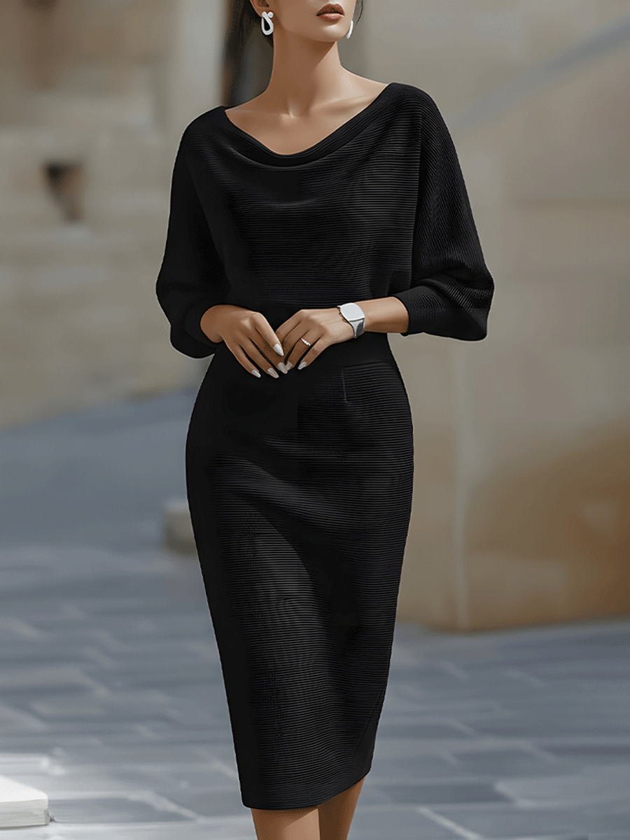 Mira Midi Dress | White Draped Cowl Neck, Batwing Sleeves, Formal 2