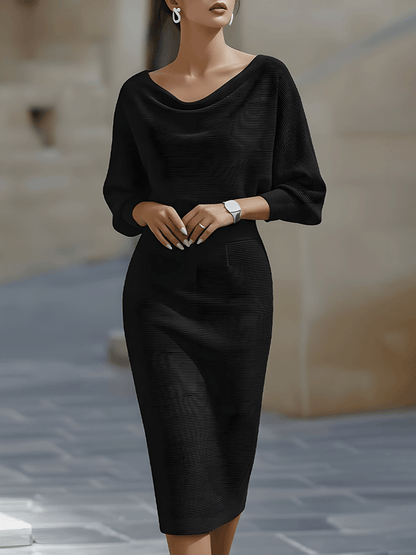 Mira Midi Dress | White Draped Cowl Neck, Batwing Sleeves, Formal 2