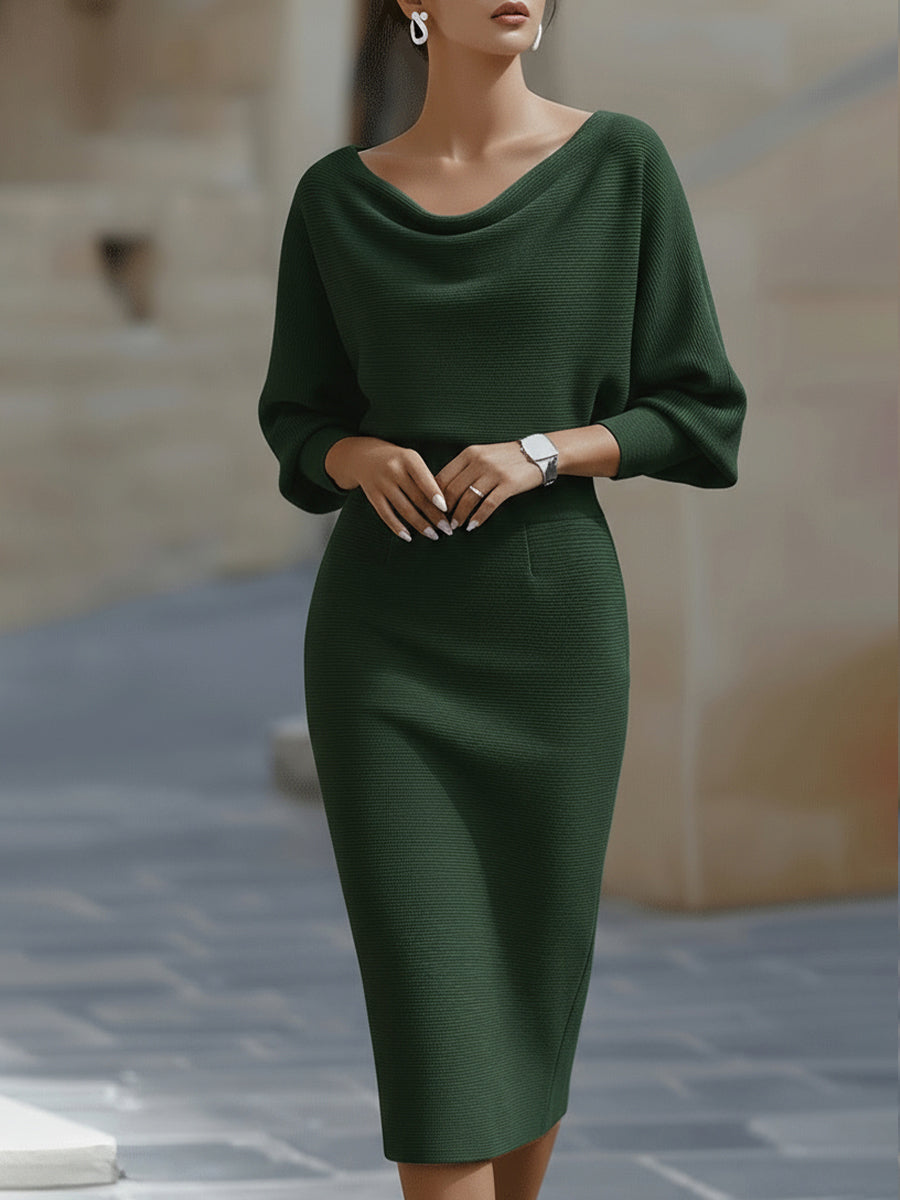 Mira Midi Dress | White Draped Cowl Neck, Batwing Sleeves, Formal 3
