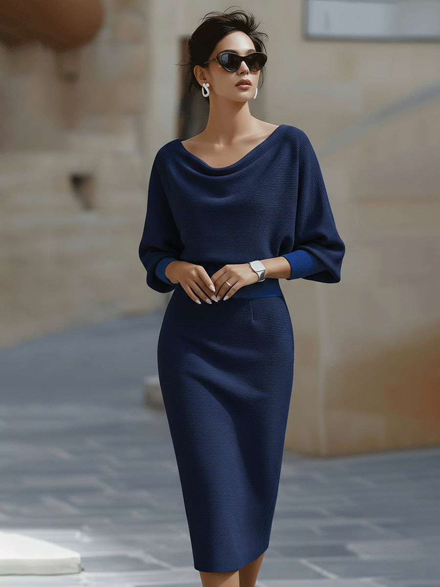 Mira Midi Dress | White Draped Cowl Neck, Batwing Sleeves, Formal 5