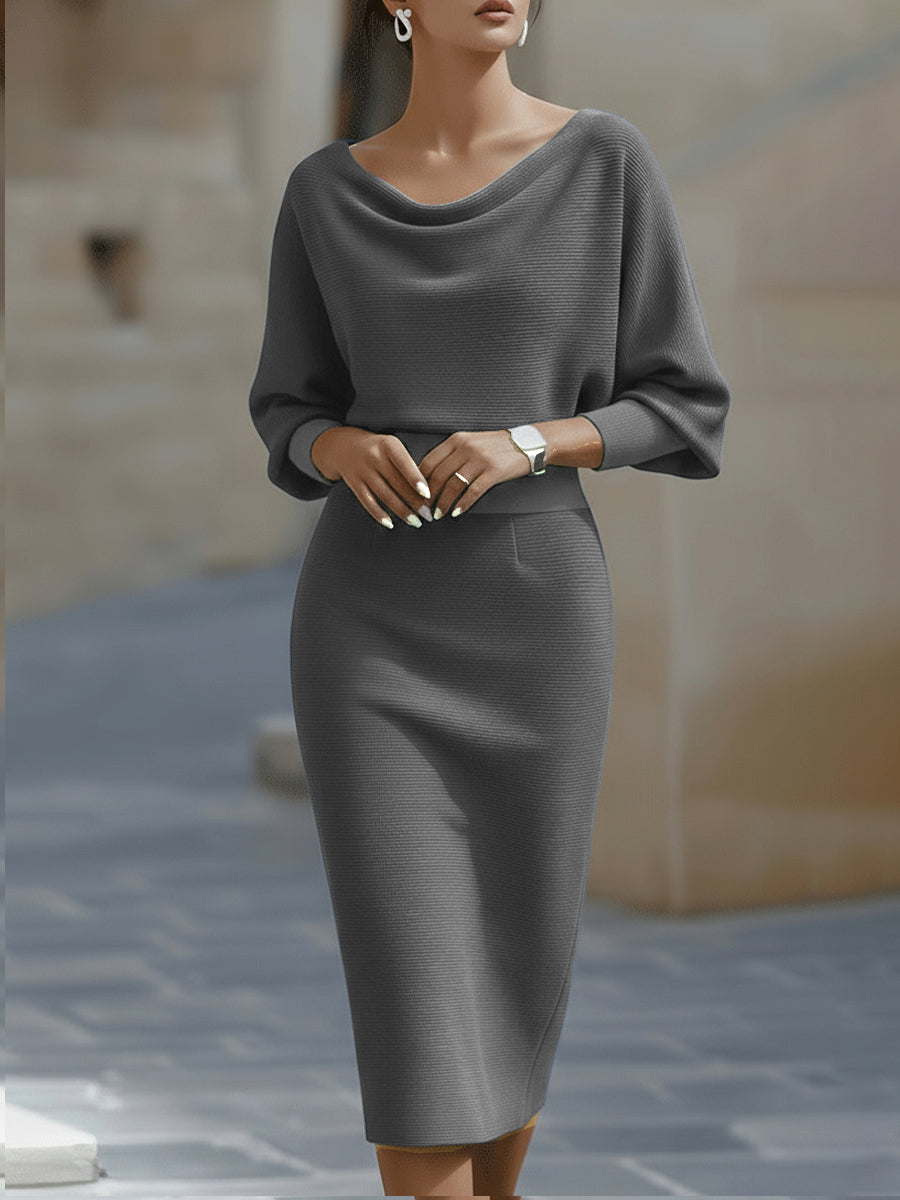 Mira Midi Dress | White Draped Cowl Neck, Batwing Sleeves, Formal 7