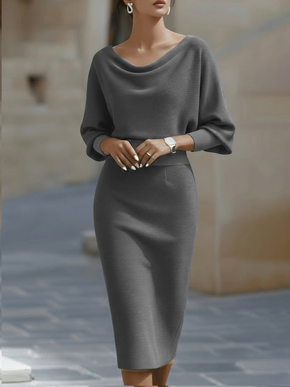 Mira Midi Dress | White Draped Cowl Neck, Batwing Sleeves, Formal 7