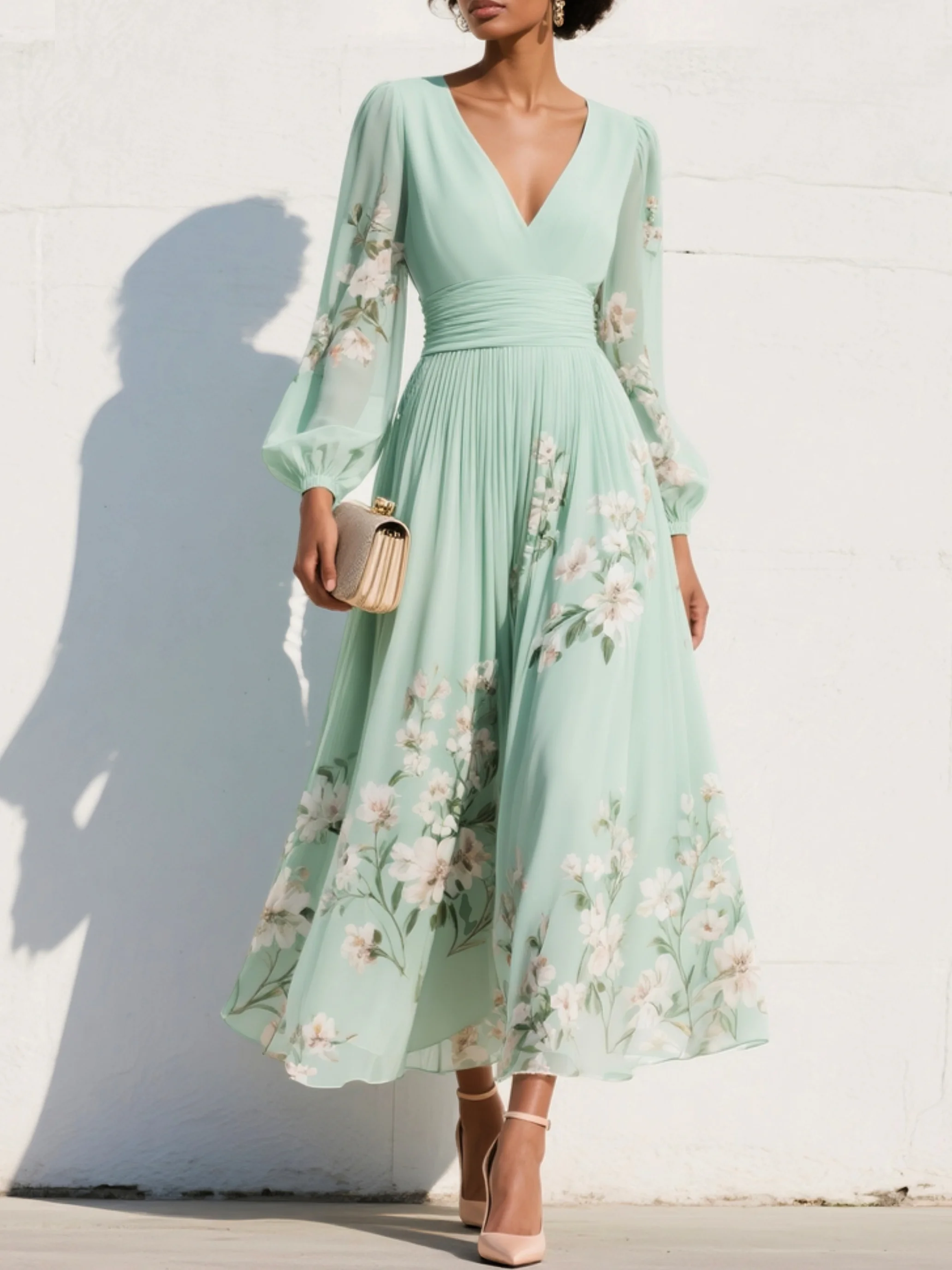 Nerina Midi Dress | Lightweight Chiffon, Floral Design, V-Neck 0