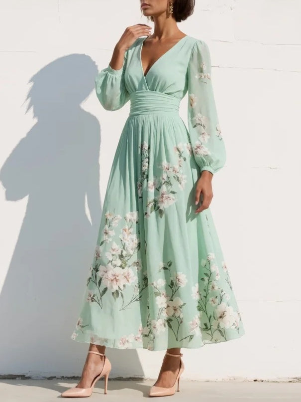 Nerina Midi Dress | Lightweight Chiffon, Floral Design, V-Neck 1