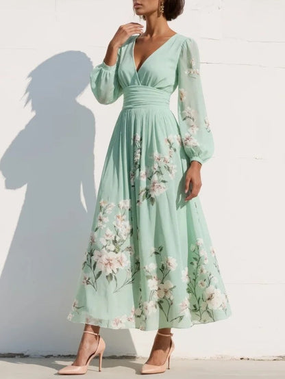 Nerina Midi Dress | Lightweight Chiffon, Floral Design, V-Neck 1