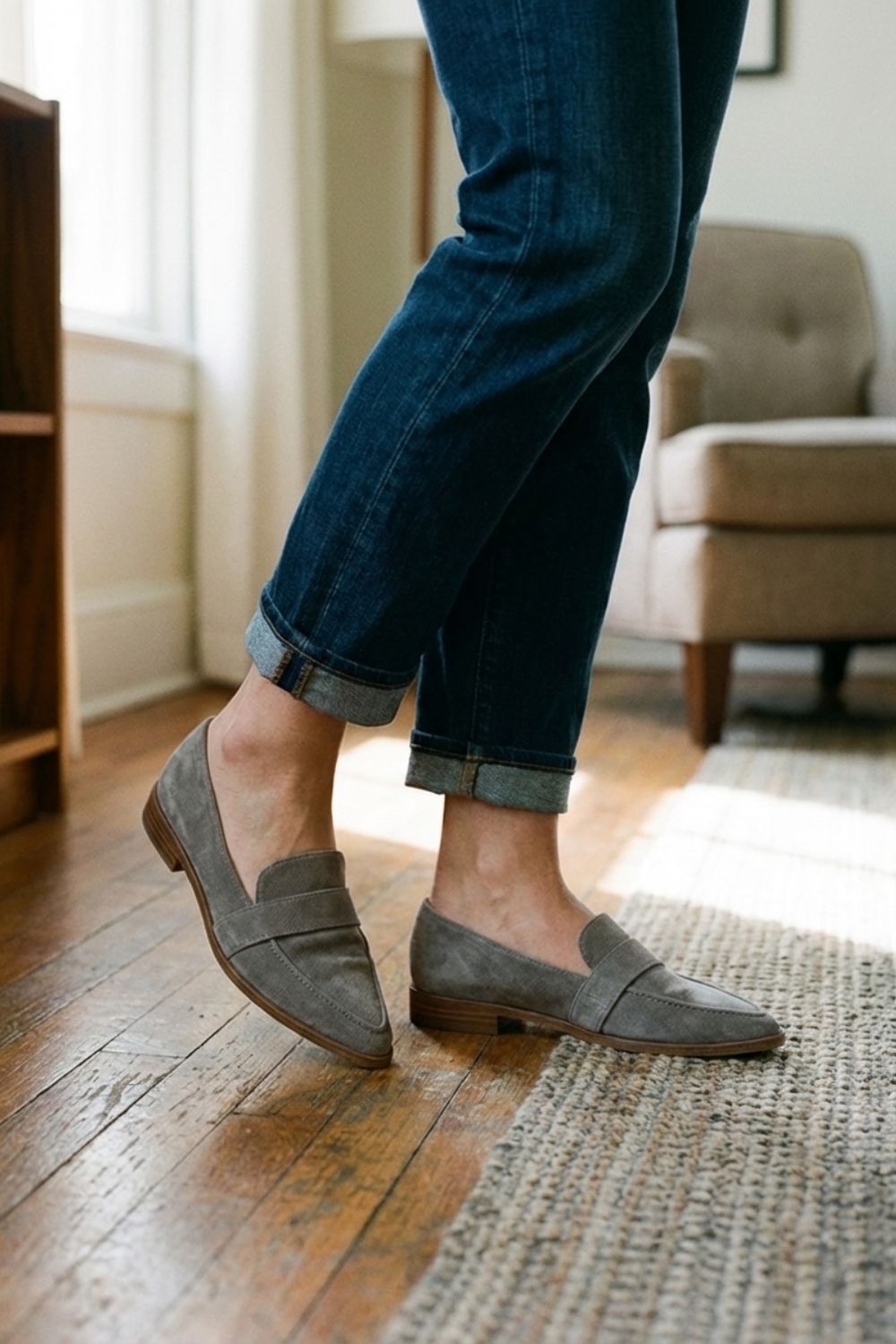 Nina Penny Loafers | Soft Suede, Pointed Toe, Small Block Heel, Black 7