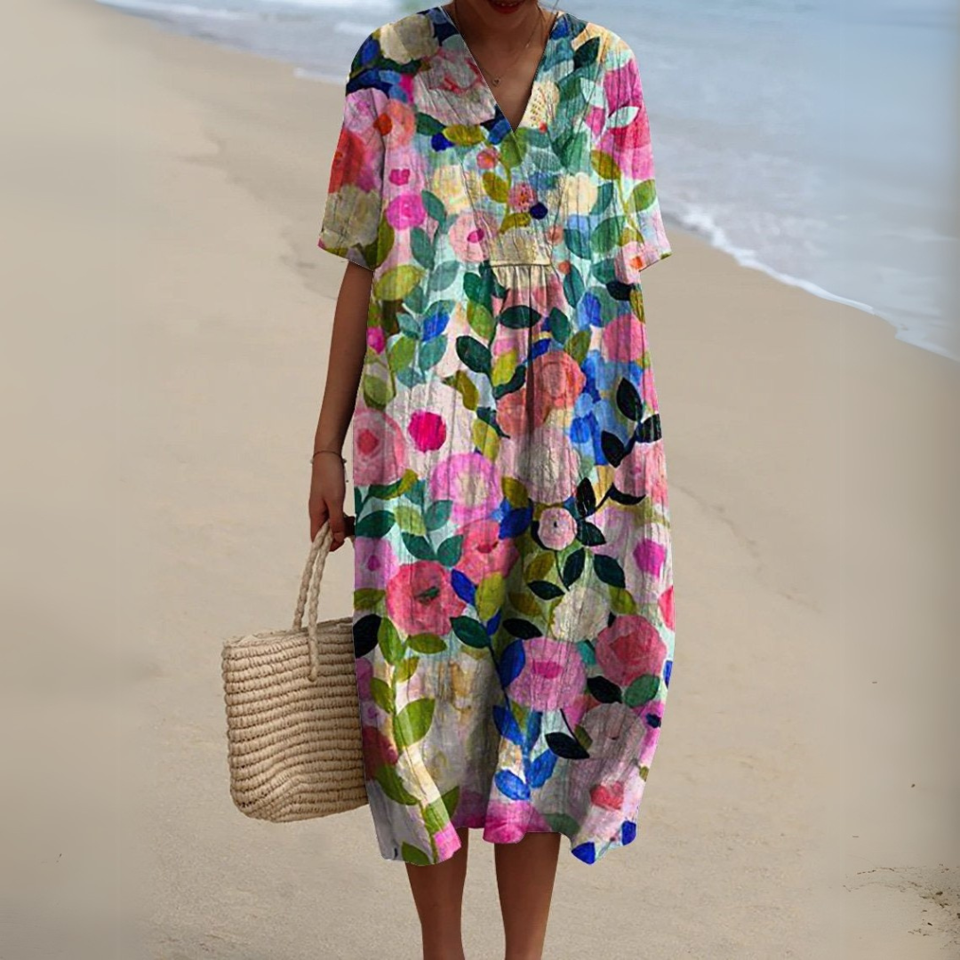 Nina V-Neck Dress | Lightweight Cotton-Linen Blend, Multicolour Summer Style 0