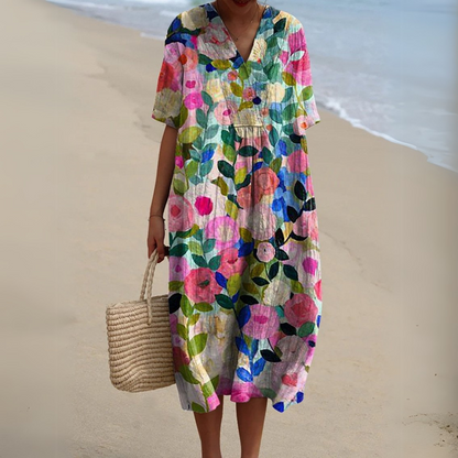 Nina V-Neck Dress | Lightweight Cotton-Linen Blend, Multicolour Summer Style 0