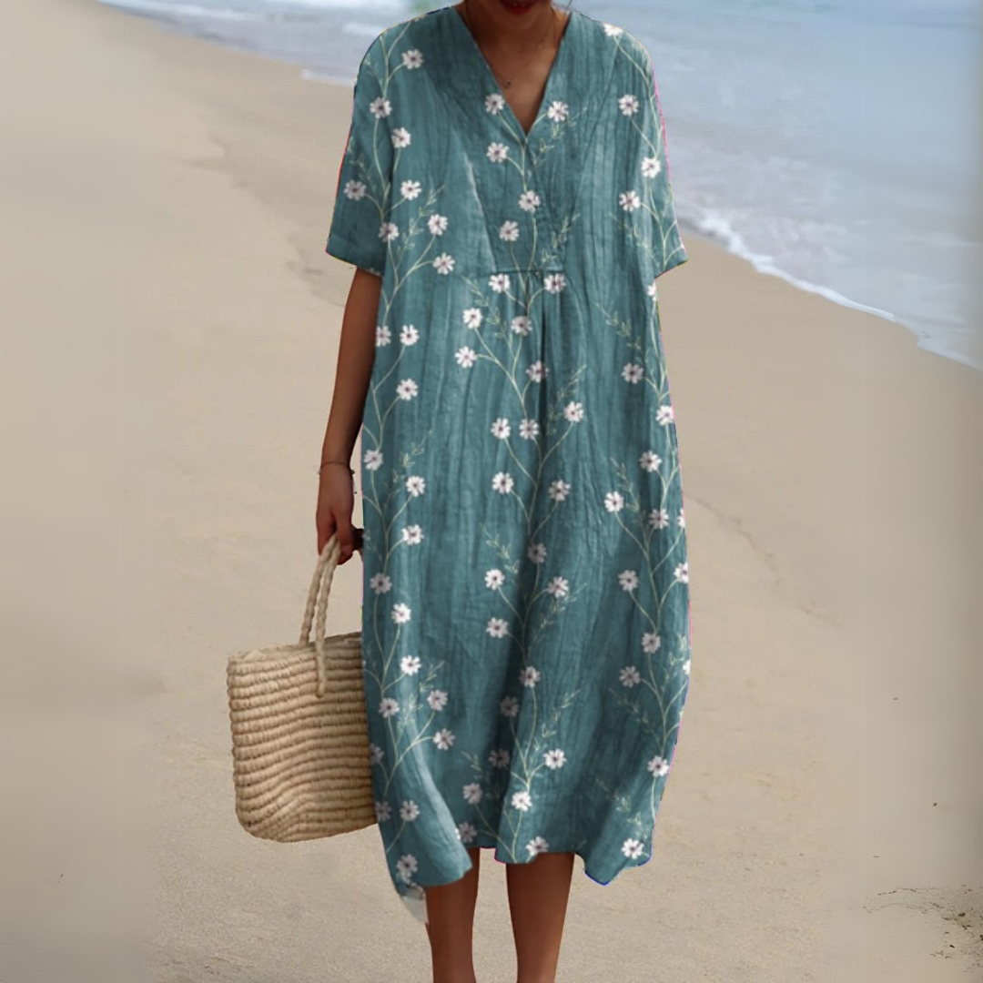 Nina V-Neck Dress | Lightweight Cotton-Linen Blend, Multicolour Summer Style 1