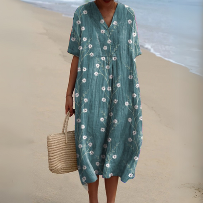 Nina V-Neck Dress | Lightweight Cotton-Linen Blend, Multicolour Summer Style 1