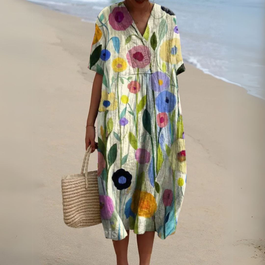 Nina V-Neck Dress | Lightweight Cotton-Linen Blend, Multicolour Summer Style 10