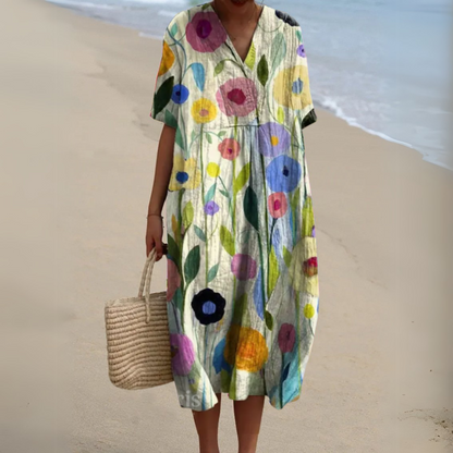 Nina V-Neck Dress | Lightweight Cotton-Linen Blend, Multicolour Summer Style 10