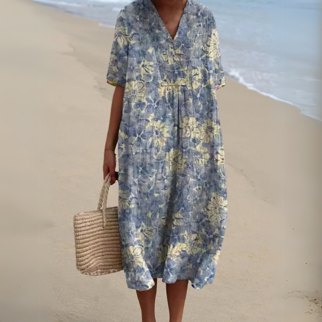 Nina V-Neck Dress | Lightweight Cotton-Linen Blend, Multicolour Summer Style 11