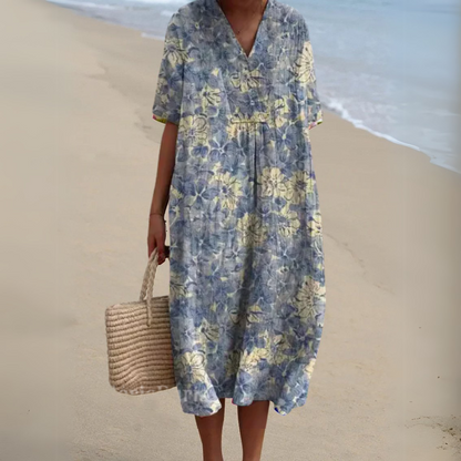 Nina V-Neck Dress | Lightweight Cotton-Linen Blend, Multicolour Summer Style 11