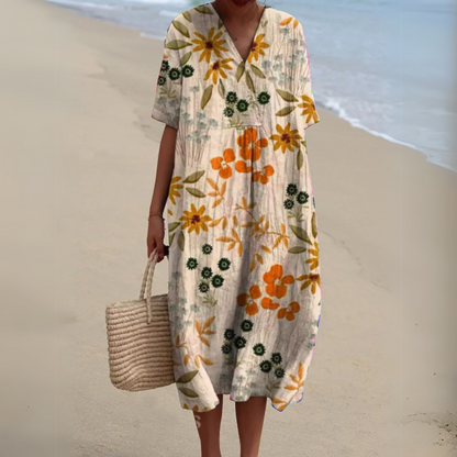 Nina V-Neck Dress | Lightweight Cotton-Linen Blend, Multicolour Summer Style 12