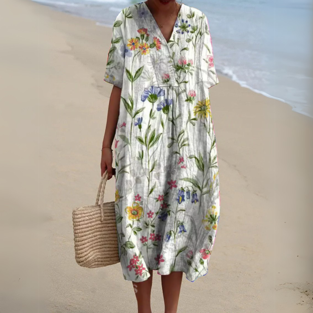 Nina V-Neck Dress | Lightweight Cotton-Linen Blend, Multicolour Summer Style 14