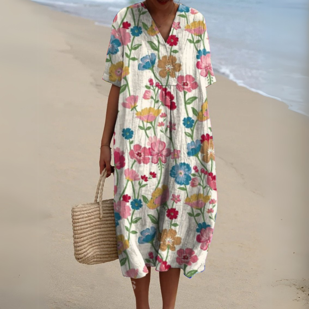 Nina V-Neck Dress | Lightweight Cotton-Linen Blend, Multicolour Summer Style 2