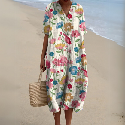 Nina V-Neck Dress | Lightweight Cotton-Linen Blend, Multicolour Summer Style 2