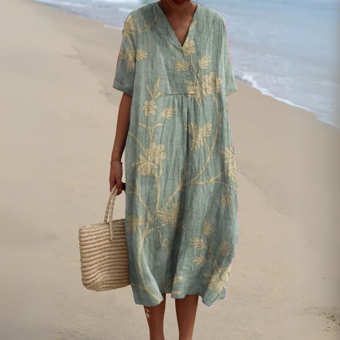Nina V-Neck Dress | Lightweight Cotton-Linen Blend, Multicolour Summer Style 3