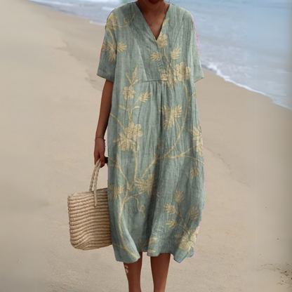 Nina V-Neck Dress | Lightweight Cotton-Linen Blend, Multicolour Summer Style 3