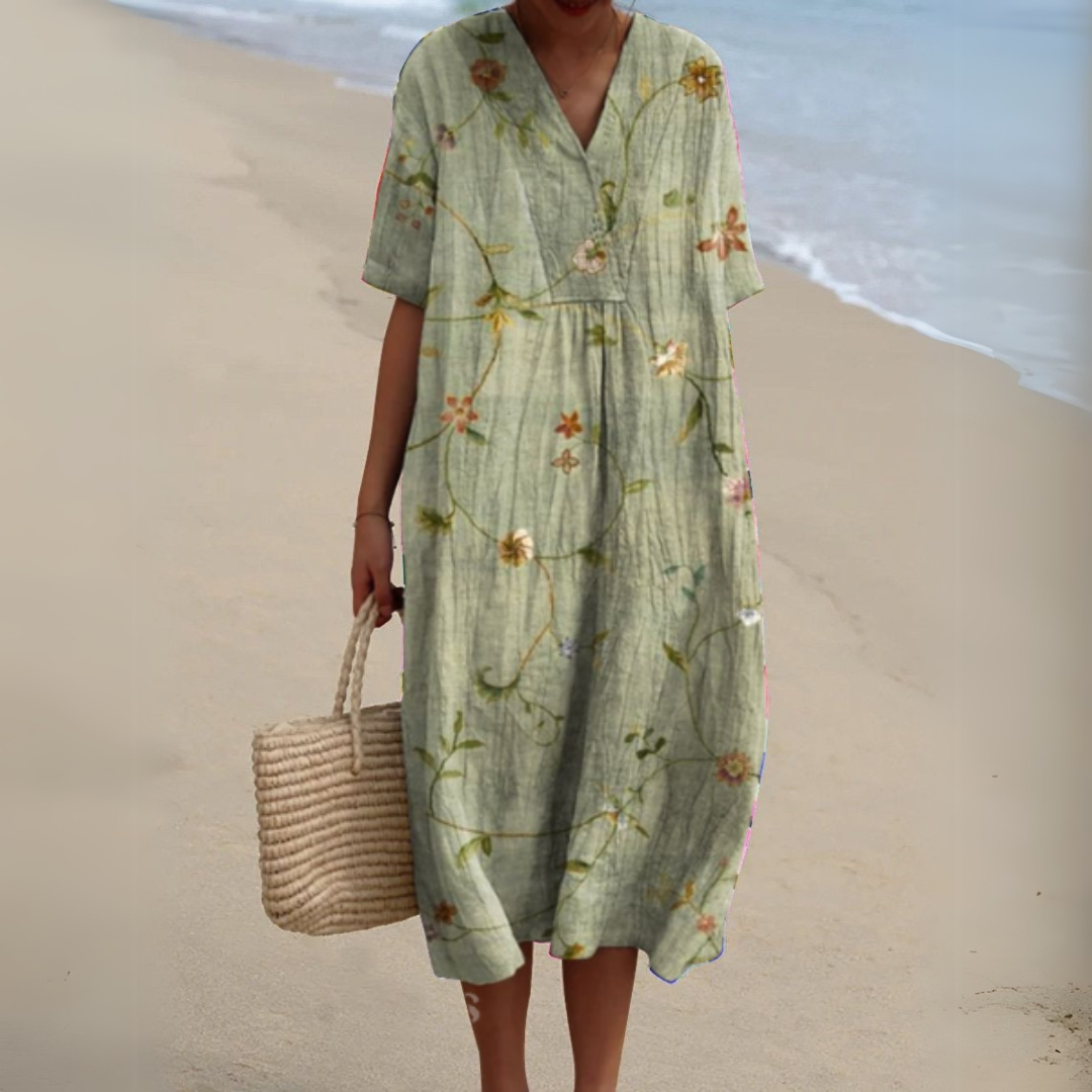 Nina V-Neck Dress | Lightweight Cotton-Linen Blend, Multicolour Summer Style 4