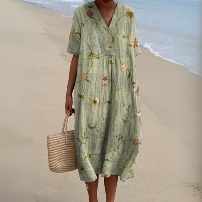 Nina V-Neck Dress | Lightweight Cotton-Linen Blend, Multicolour Summer Style 4